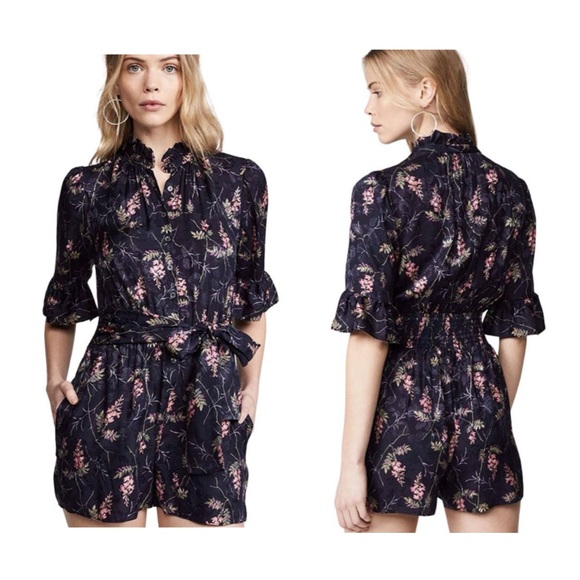 Rebecca Taylor Ivie Short-Sleeve Floral-Print Romper Navy Combo Womens 4 - Picture 2 of 16